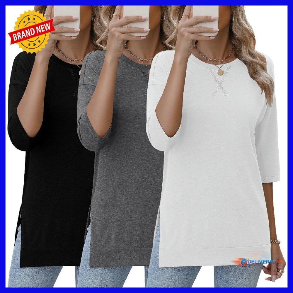 3/4 Sleeve Tunic Top Loose Fit Side Slit Round Neck Tee Shirt
